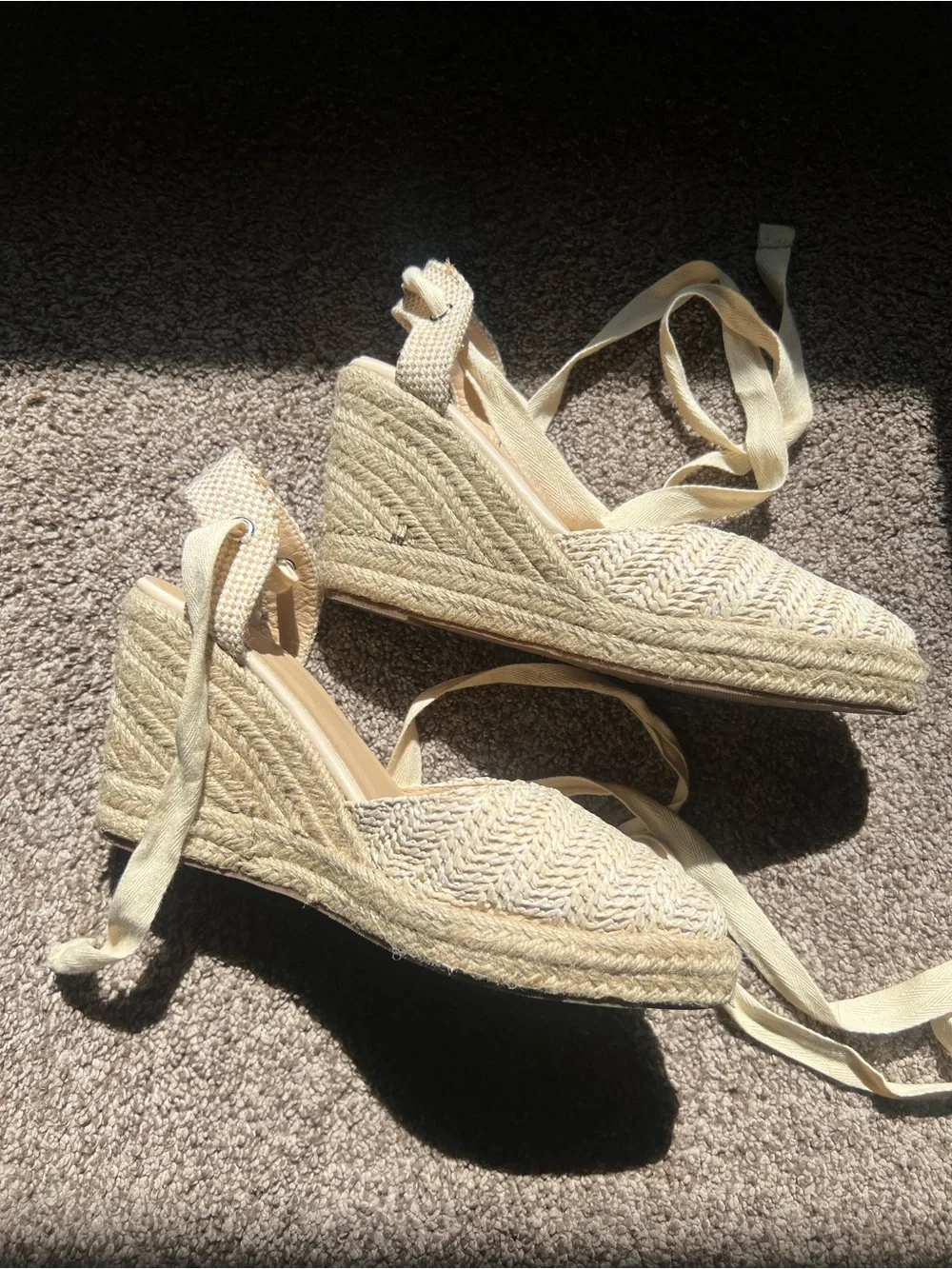 Woven Pointed Toe Lace-Up Espadrille Heels Natural